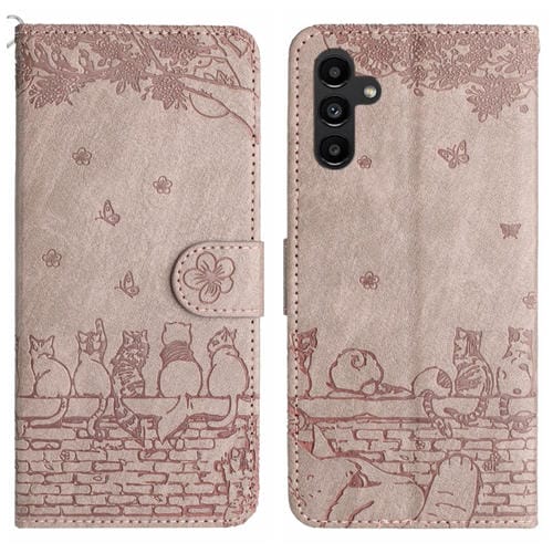 Funda para Samsung Galaxy A35 Cuero Estampado de Gato con Cordón (Gris)