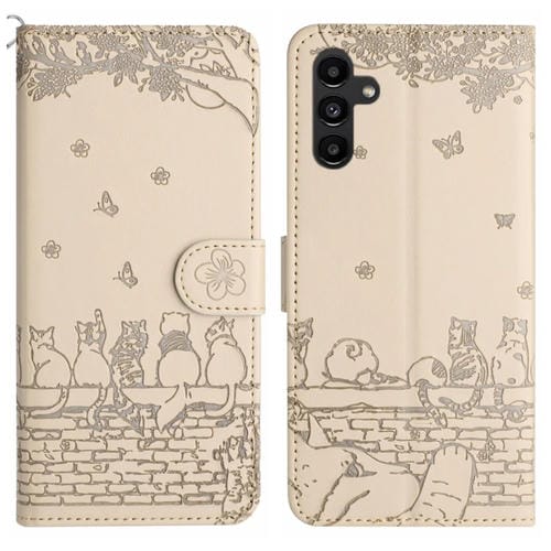 Funda de Cuero para Samsung Galaxy A35 con Estampado de Gato y Cordón (Beige)