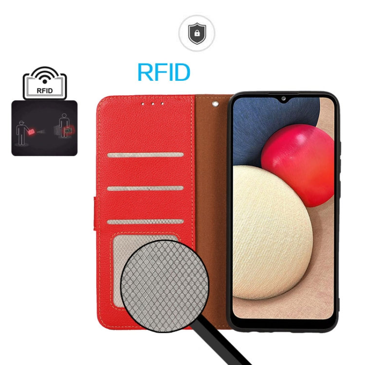 Funda Cuero Textura Lichi Khazneh RFID para OnePlus Nord 13 (Rojo)