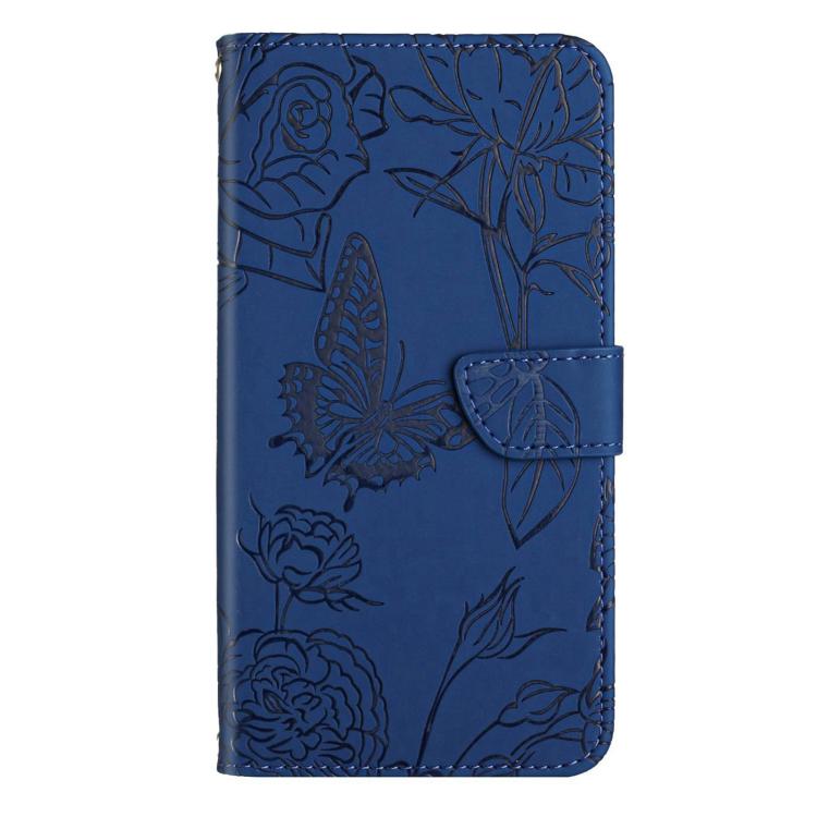 Funda de Cuero para OnePlus 13 con Relieve Peonía y Mariposa (Azul)