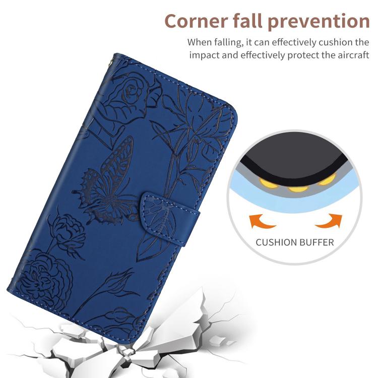 Funda de Cuero para OnePlus 13 con Relieve Peonía y Mariposa (Azul)
