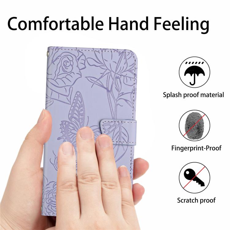 Funda de Piel con Relieve Peonía y Mariposa para OnePlus 13 (Morado)