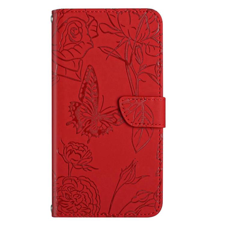 Funda de Cuero con Relieve Peonía y Mariposa para OnePlus 13R (Rojo)
