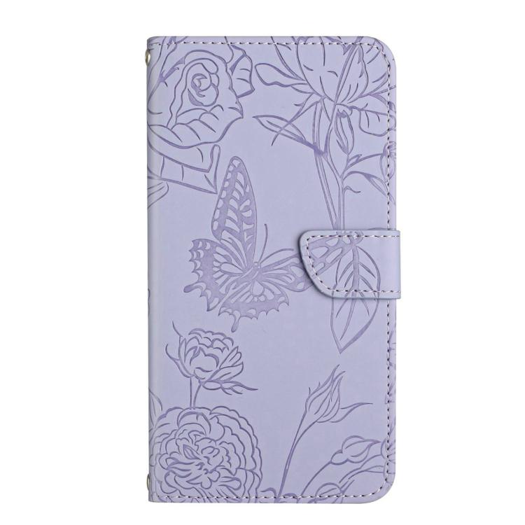 Funda de Piel con Relieve Peonía y Mariposa para OnePlus 13R (Morado)