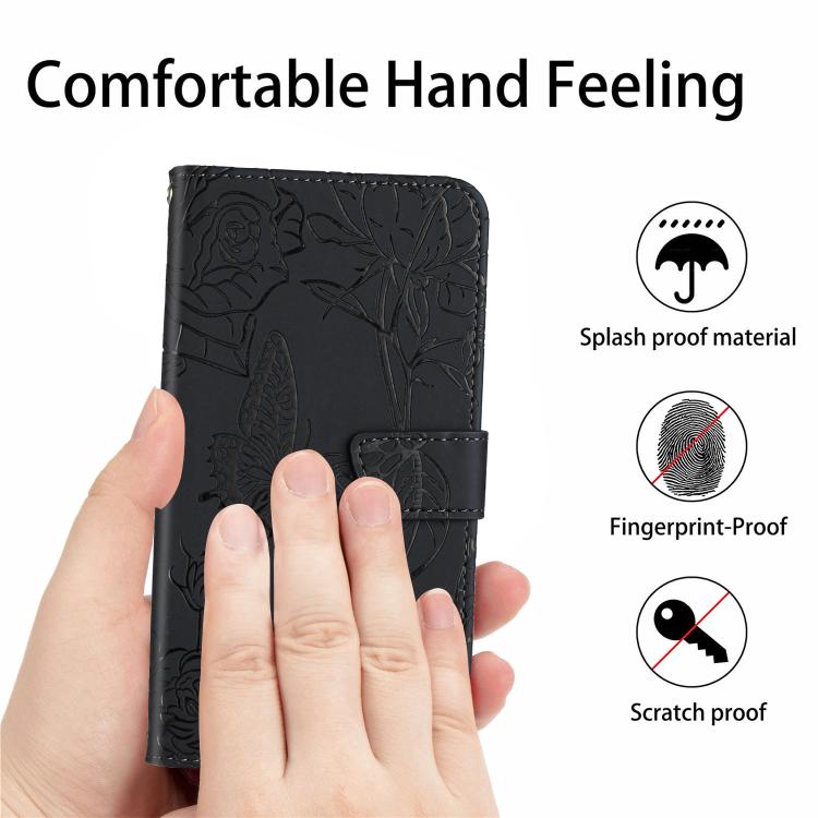 Funda de Cuero con Relieve Peonía y Mariposa para OnePlus 13R (Negro)