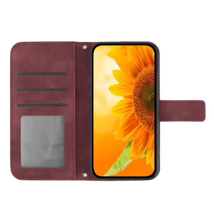 Funda de Piel con Relieve de Girasol para OnePlus 13R (Rojo Vino) Tacto Suave