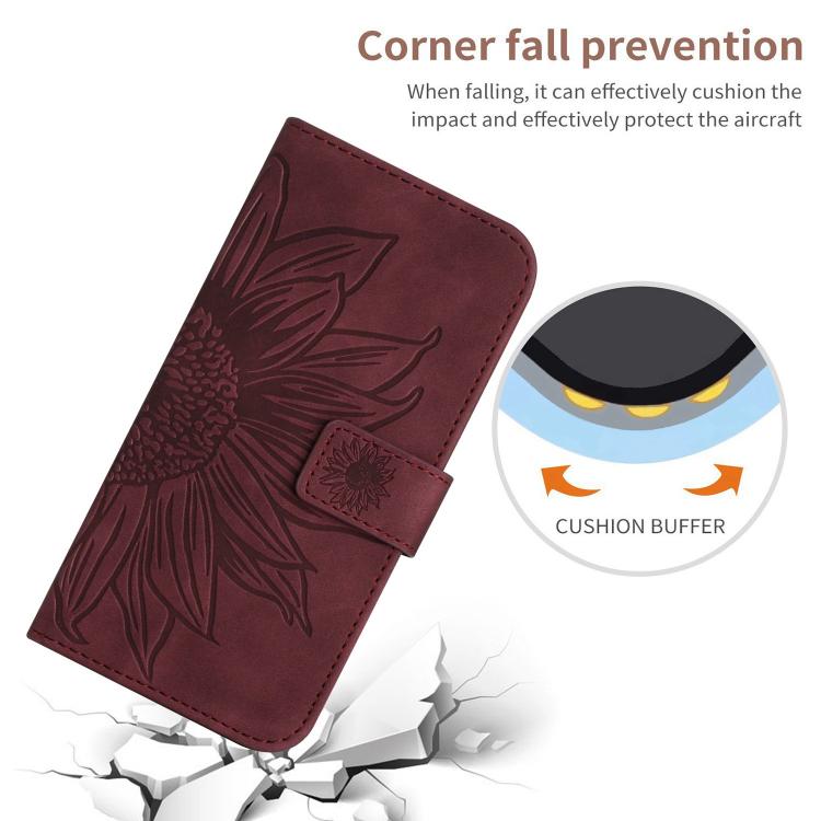 Funda de Piel con Relieve de Girasol para OnePlus 13R (Rojo Vino) Tacto Suave