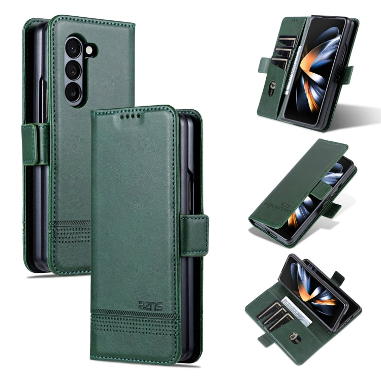 Para Samsung Galaxy Z Fold5 5G AZNS Funda de teléfono con tapa de cuero con textura de becerro magnético (verde oscuro)