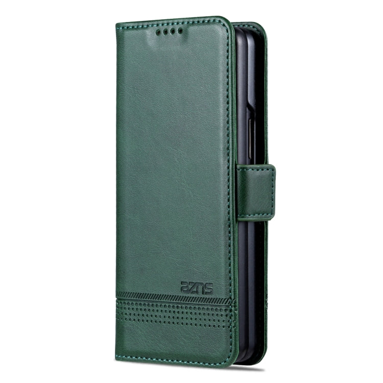 Para Samsung Galaxy Z Fold5 5G AZNS Funda de teléfono con tapa de cuero con textura de becerro magnético (verde oscuro)