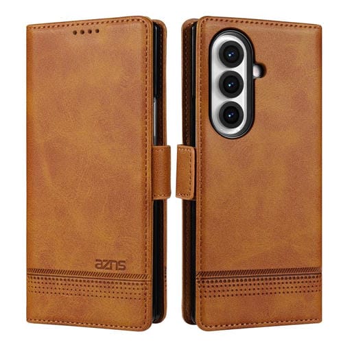 Funda de piel con tapa magnética AZNS para Samsung Galaxy Z Fold7 5G (marrón claro)