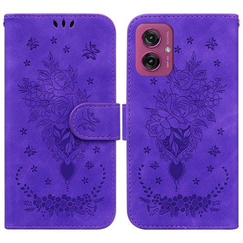 Funda de Cuero con Relieve Mariposa y Rosa para Motorola Moto G55 (Morado)