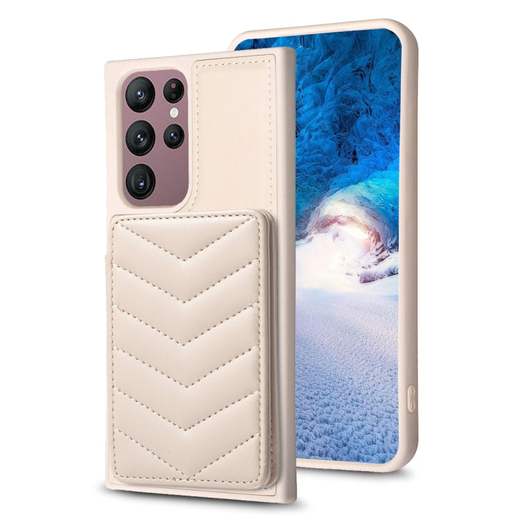 Para Samsung Galaxy S22 Ultra 5G BF26 Wave Pattern Card Bag Holder Phone Case (Beige)