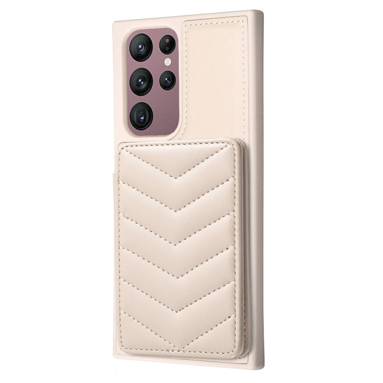 Para Samsung Galaxy S22 Ultra 5G BF26 Wave Pattern Card Bag Holder Phone Case (Beige)