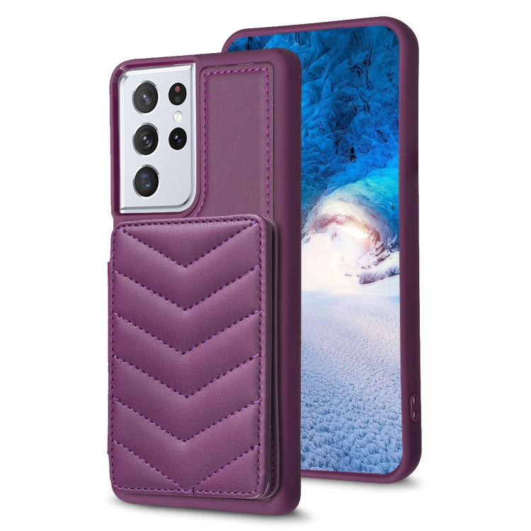 Para Samsung Galaxy S21 Ultra 5G BF26 Wave Pattern Card Bag Holder Funda para teléfono (morado oscuro)