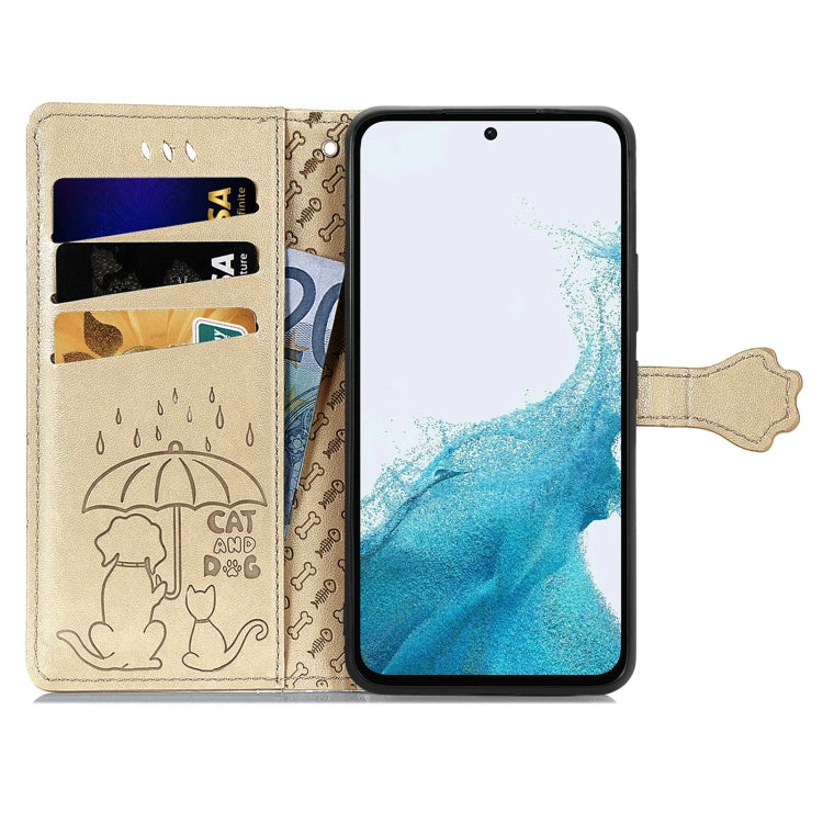 Para Samsung Galaxy A54 5G Cat and Dog Estuche de cuero en relieve para teléfono (Oro)
