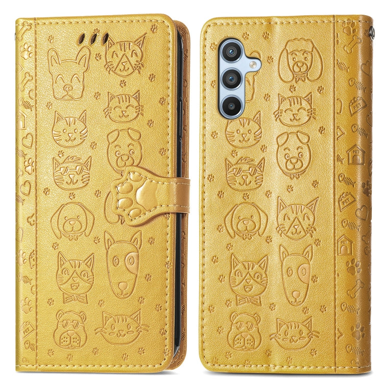 Para Samsung Galaxy A54 5G Cat and Dog Estuche de teléfono de cuero en relieve (Amarillo)