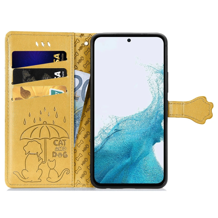Para Samsung Galaxy A54 5G Cat and Dog Estuche de teléfono de cuero en relieve (Amarillo)