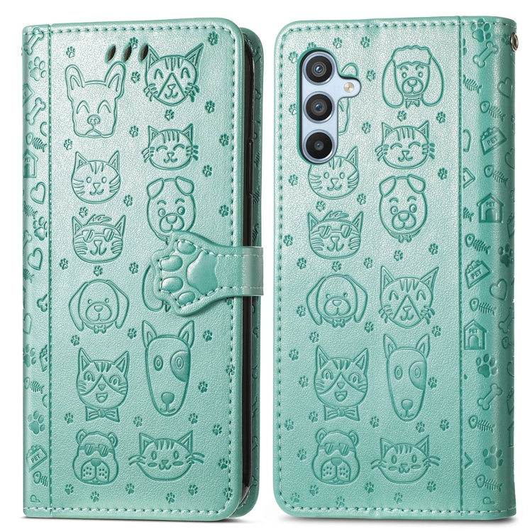Para Samsung Galaxy A54 5G Cat and Dog Estuche de cuero en relieve para teléfono (verde)
