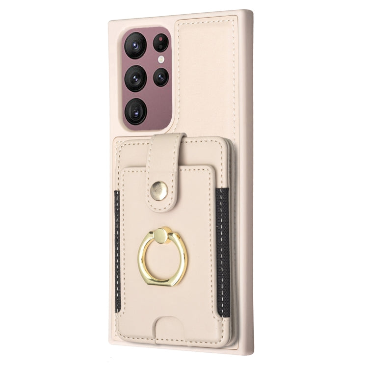 Para Samsung Galaxy S22 Ultra 5G BF27 Anillo de metal Bolsa de tarjeta Titular de la caja del teléfono (Beige)