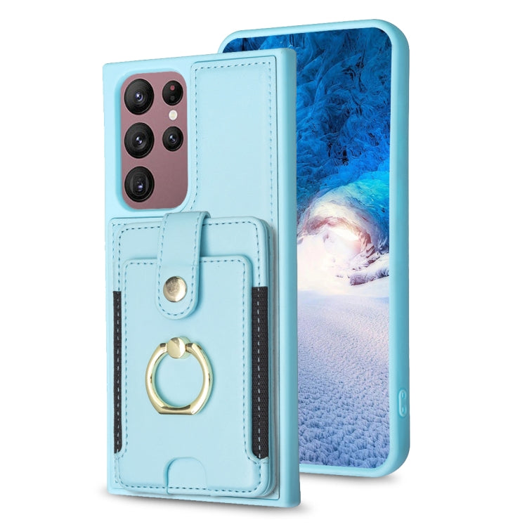 Para Samsung Galaxy S22 Ultra 5G BF27 Anillo de metal Tarjeta Bolsa Titular Caja del teléfono (Azul)