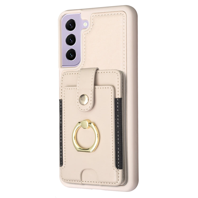 Para Samsung Galaxy S21+ 5G BF27 Funda para teléfono con soporte para tarjeta de anillo de metal (Beige)