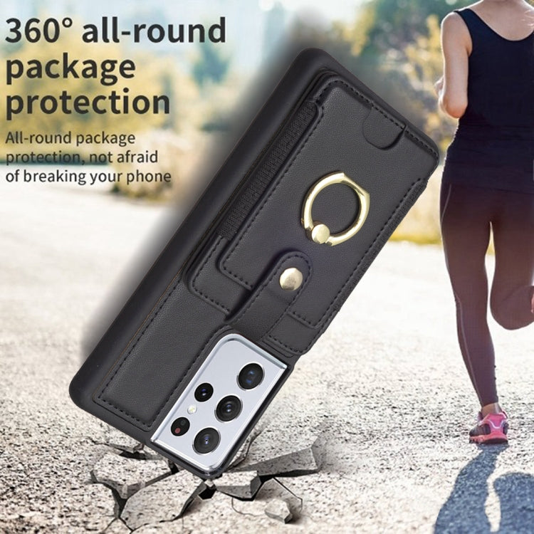 Para Samsung Galaxy S21 Ultra 5G BF27 Anillo de metal Tarjeta Bolsa Titular Caja del teléfono (Negro)