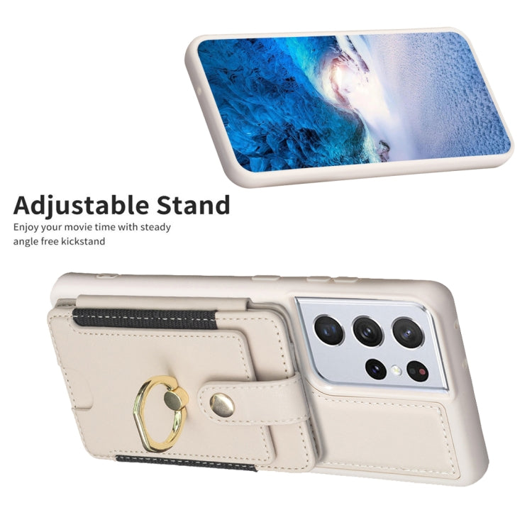 Para Samsung Galaxy S21 Ultra 5G BF27 Anillo de metal Tarjeta Bolsa Titular Caja del teléfono (Beige)