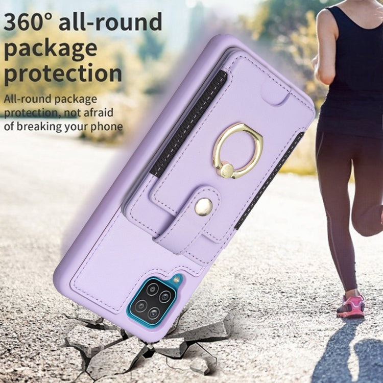 Para Samsung Galaxy A12 BF27 Metal Ring Card Bag Holder Phone Case (Púrpura)
