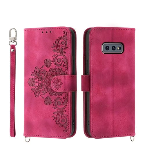 Funda para Teléfono Samsung Galaxy S10E Cuero con Billetera En Relieve y Flores (Rojo Vino)