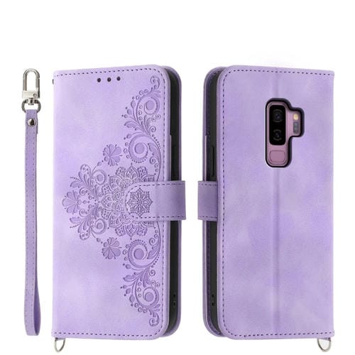 Funda de Cuero para Samsung Galaxy S9 con Billetera en Relieve y Flores con Sensación de Piel (Púrpura)