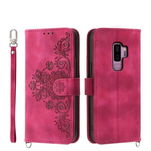Funda para Teléfono Samsung Galaxy S9 Cuero con Billetera Relieve Flores (Rojo Vino)