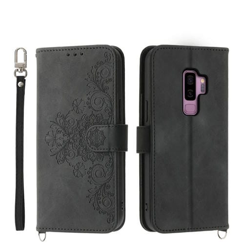 Funda de Cuero Samsung Galaxy S9 con Billetera en Relieve y Flores con Sensación de Piel (Negro)