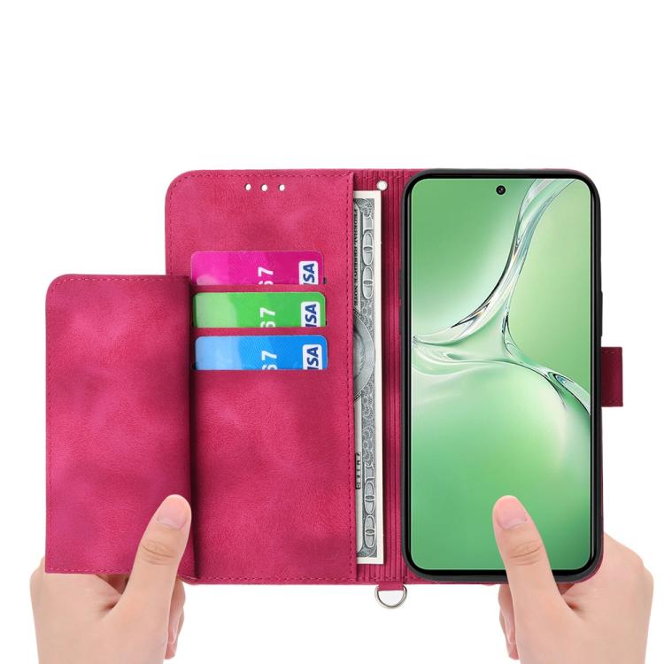 Funda de Cuero con Relieve de Flores para OnePlus 13R/Ace 5/Ace 5 Pro (Rojo Vino)