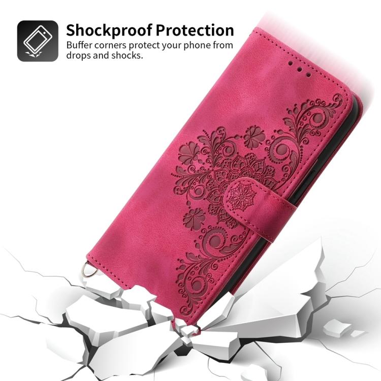 Funda de Cuero con Relieve de Flores para OnePlus 13R/Ace 5/Ace 5 Pro (Rojo Vino)