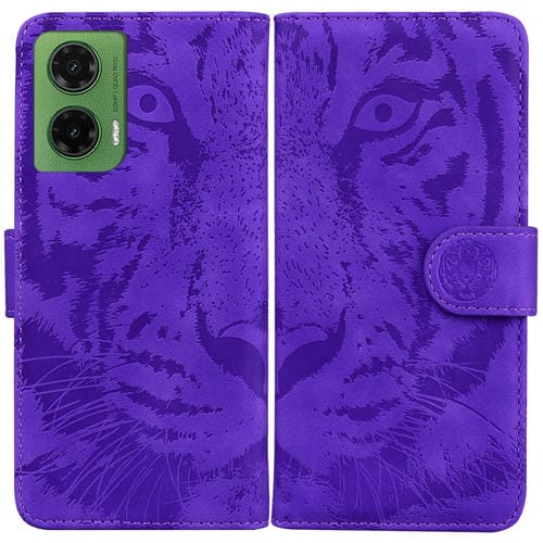Funda de Cuero Motorola Moto G35 con Estampado de Tigre (Morado)