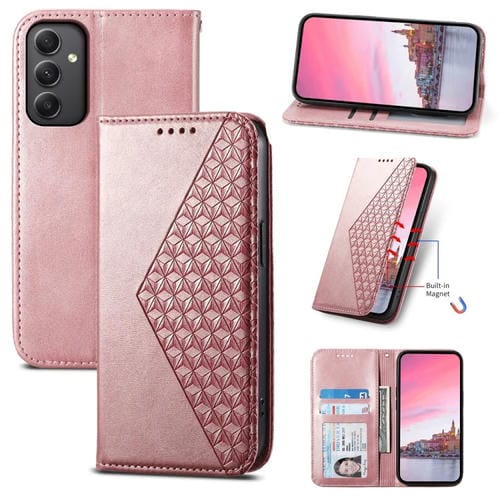 Funda para Teléfono Samsung Galaxy A35 Cuero Magnético Textura Becerro Rejilla Cúbica (Oro Rosa)