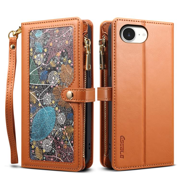 Estuche de Cuero Rfid con Cremallera y Cordón Serie Star Eseble para iPhone 16E (Marrón)