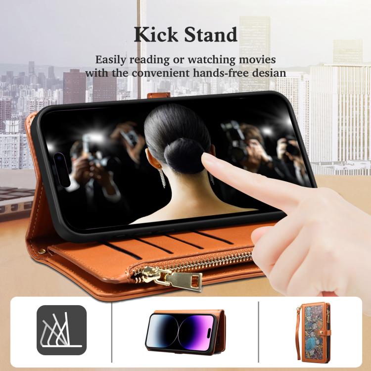 Estuche de Cuero Rfid con Cremallera y Cordón Serie Star Eseble para iPhone 16E (Marrón)