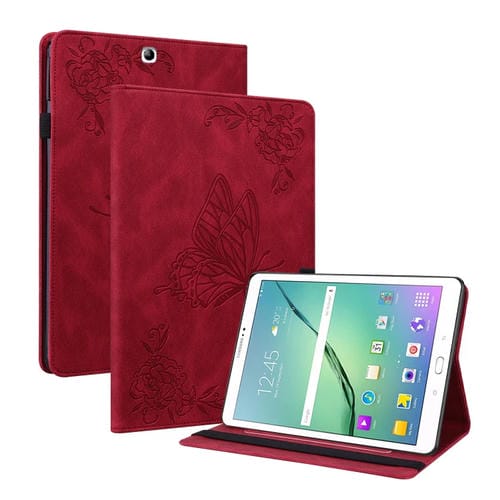 Funda para Tablet Samsung Galaxy Tab S2 9.7 T810 T815 Cuero Relieve Flor Mariposa (Rojo)