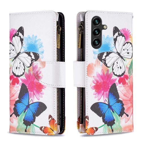 Funda de Cuero para Samsung Galaxy A55 con Cremallera y Patrón de Dibujo de Colores (Dos Mariposas)