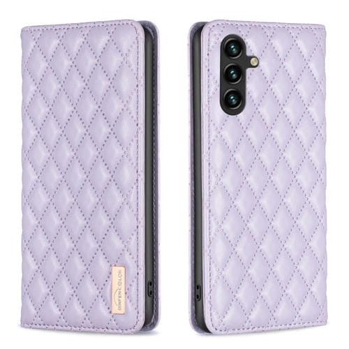 Funda para Teléfono Samsung Galaxy A55 Diamond Lattice con Tapa de Cuero Magnético (Púrpura)