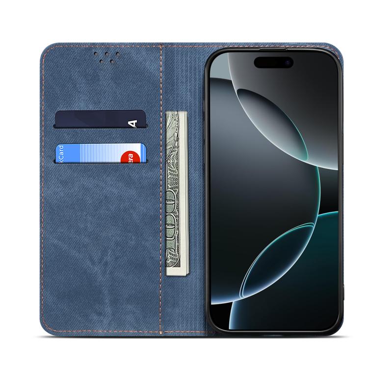 Funda de Cuero con Tapa Horizontal y Textura Vaquera para iPhone 16E (Azul)
