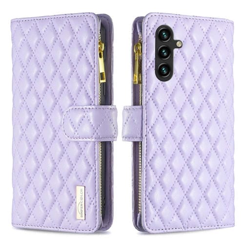 Funda para Samsung Galaxy A35 Diamond Lattice Zipper Wallet de Cuero con Tapa (Púrpura)