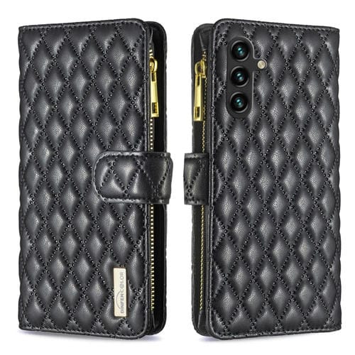 Funda para Samsung Galaxy A55 Diamond Lattice Zipper Wallet de Cuero con Tapa (Negro)