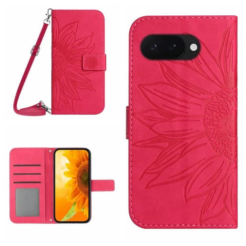 Funda de Cuero con Tapa y Cordón para Google Pixel 9A con Diseño de Girasol en Relieve (Rosa y Rojo)