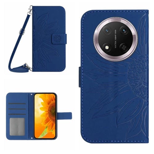 Funda de Cuero para Honor X9C con Diseño de Girasoles y Cordón (Azul Oscuro)