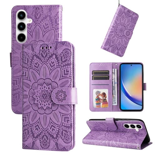 Funda de Cuero Samsung Galaxy A35 con Girasol en Relieve (Púrpura)