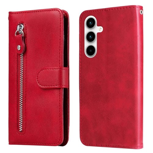 Funda para Teléfono Samsung Galaxy A35 Cuero con Cremallera y Textura de Becerro (Rojo)