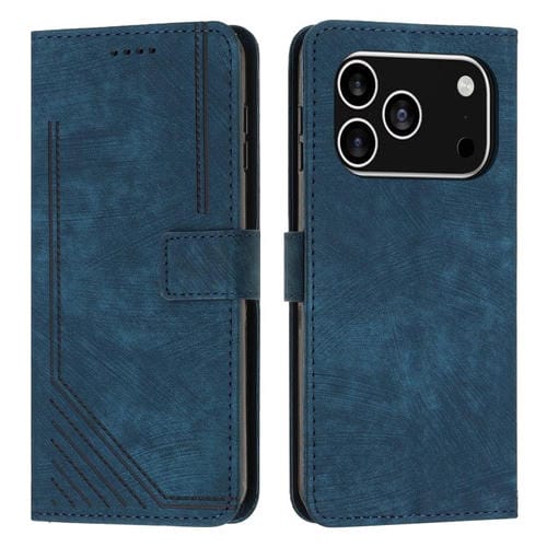 Funda de piel con estampado de rayas y cordón para iPhone 17 Pro (azul)