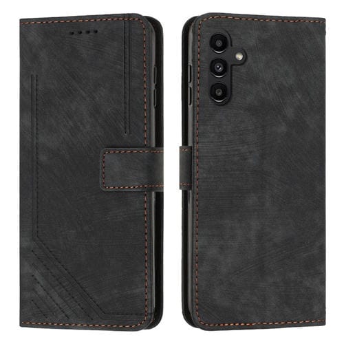 Funda de Cuero para Samsung Galaxy A55 Skin Feel con Patrón de Rayas y Cordón Largo (Negro)